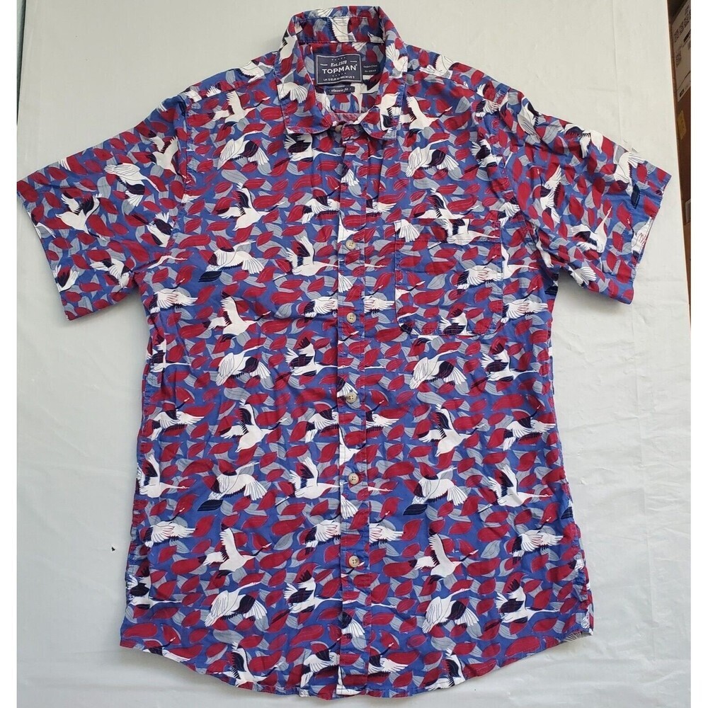 Topman Shirt Cranes All Over Graphic Colorful Button Up Shirt Men's Small